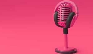 3D Render Retro microphone on short leg and stand with Headphones
