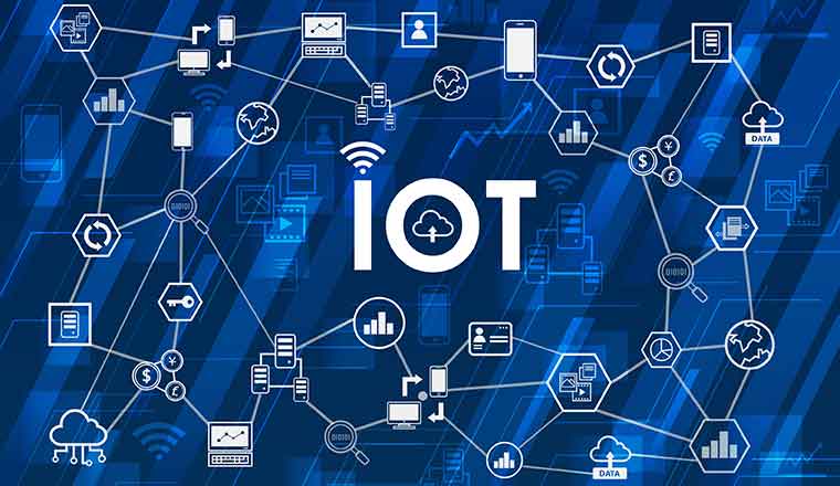 Internet of things (IoT) concept. symbol connected with icons of typical IoT.