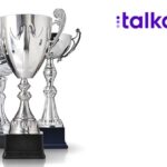 Three different kind of silver trophies on white background with talkdesk logo