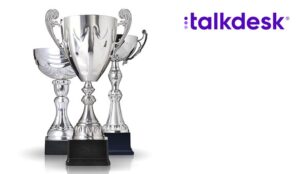 Three different kind of silver trophies on white background with talkdesk logo