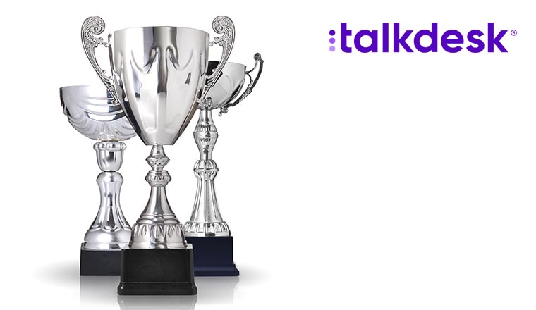 Three different kind of silver trophies on white background with talkdesk logo