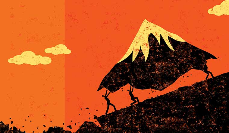 Illustration of people moving a mountains - concept of overcoming a challenge
