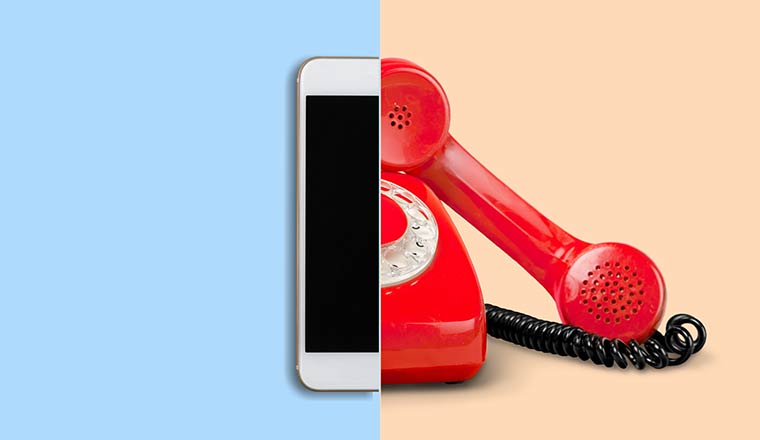 Retro phone and modern smartphone - old and new concept for ability to chat or call