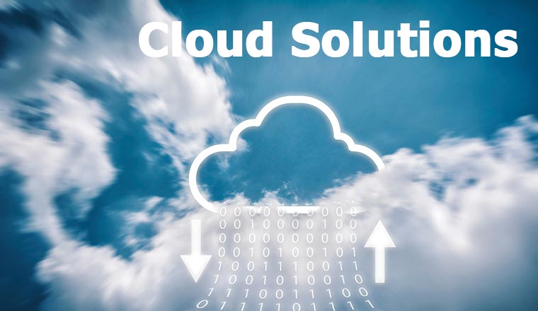Cloud concept with sky, cloud icon and binary data with the words cloud solutions