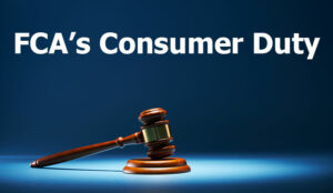 Gavel on blue background with the words FCA’s Consumer Duty