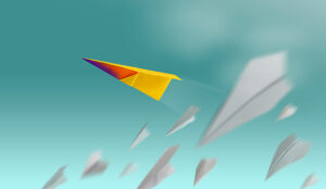 Different, Leader Individuality Concept. Unique Paper Plane Flying Up in the Sky