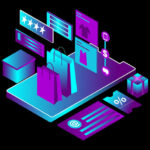 Online Shopping Isometric Illustration in Purple and Cyan on a Black Background with Shopping Bags, Boxes, Ratings, Smartphone, Gifts & Gift Cards