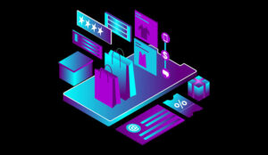 Online Shopping Isometric Illustration in Purple and Cyan on a Black Background with Shopping Bags, Boxes, Ratings, Smartphone, Gifts & Gift Cards