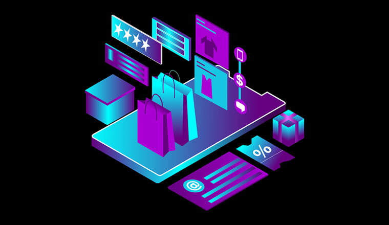 Online Shopping Isometric Illustration in Purple and Cyan on a Black Background with Shopping Bags, Boxes, Ratings, Smartphone, Gifts & Gift Cards