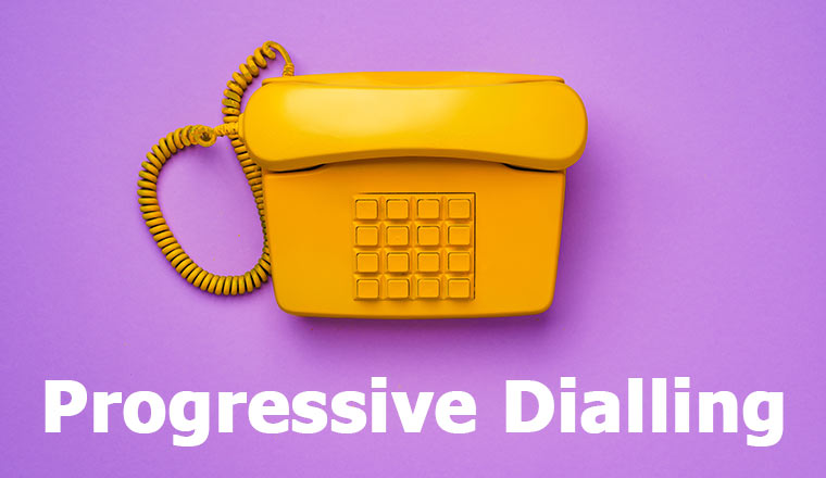 Yellow landline telephone on purple background with the words progressive dialling