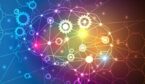 A colourful abstract diagram of AI with a brain outline and icons