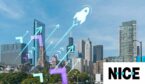 Rocket and arrow icons in front of cityscape - product launch concept