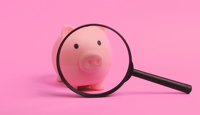 Piggy bank through magnifying glass on pink background