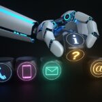 Robot hand holding contact icons on blocks - contact centre ai concept