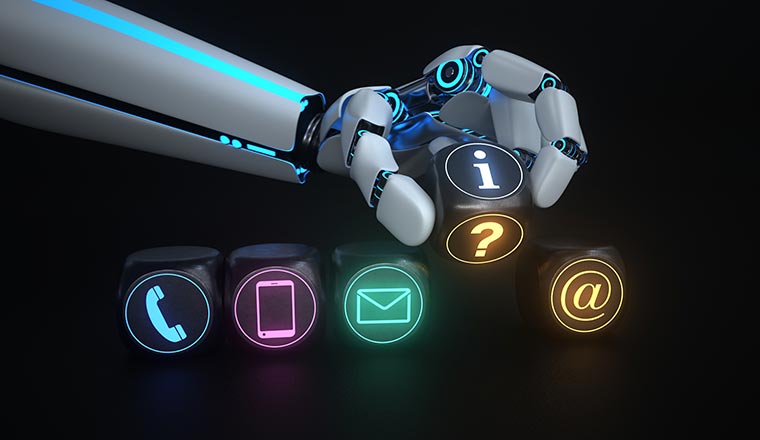 Robot hand holding contact icons on blocks - contact centre ai concept