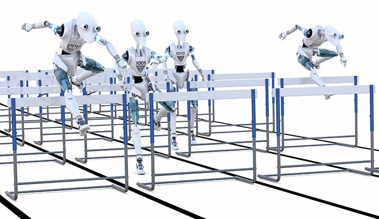 Several robots competing in a hurdles race. Overcoming obstacles