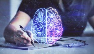 AI holographic brain overlayed on hand making notes