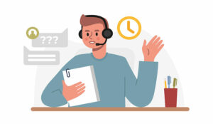 carton image of man wearing headset reading a script