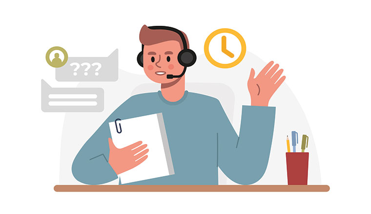 carton image of man wearing headset reading a script