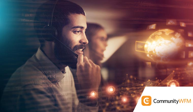 Call center, customer service and hologram overlay with a consultant working on global ai for support