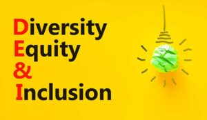 DEI, Diversity equity and inclusion. Concept words DEI diversity equity and inclusion on yellow background.