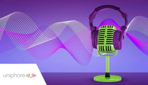green microphone wearing purple headphones with soundwaves in background