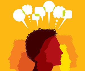 Illustration of heads and speech bubbles - sharing stories and communicating 