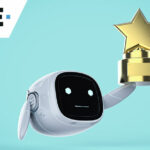 Technology and AI leadership concept with cute robot holding award