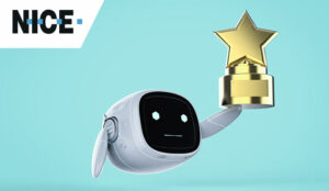 Technology and AI leadership concept with cute robot holding award