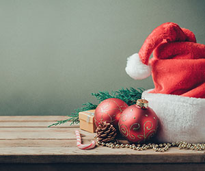 Santa hat and decorations. 