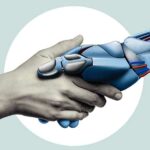 Human and ai robot shaking hands