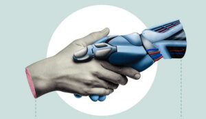 Human and ai robot shaking hands