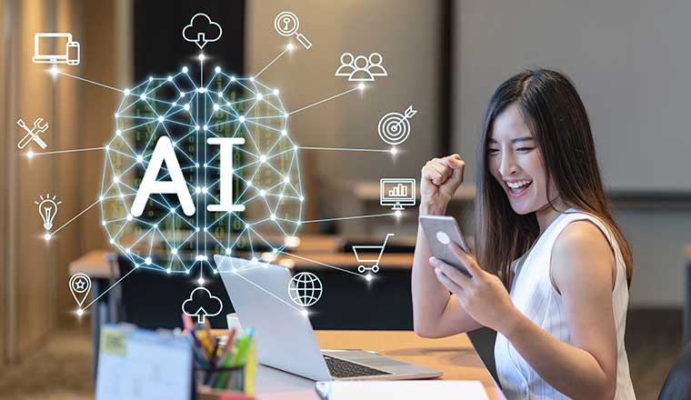 AI brain shape and icons overlayed over a woman happy on phone