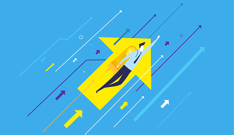 Illustration of a person heading up with arrows - productivity and development concept