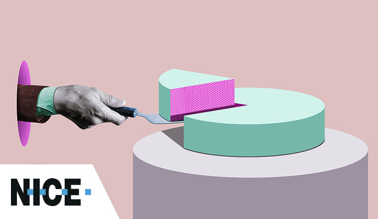 Market share concept with person cutting slice from pie