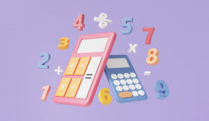 Illustration of numbers and maths symbols around calculators