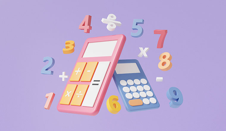 Illustration of numbers and maths symbols around calculators