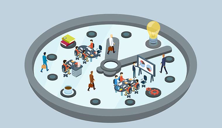 A clock face with people working on it - time management concept