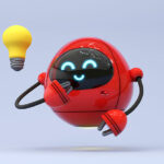 AI in customer support concept with small red robot and lightbulb