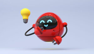 AI in customer support concept with small red robot and lightbulb