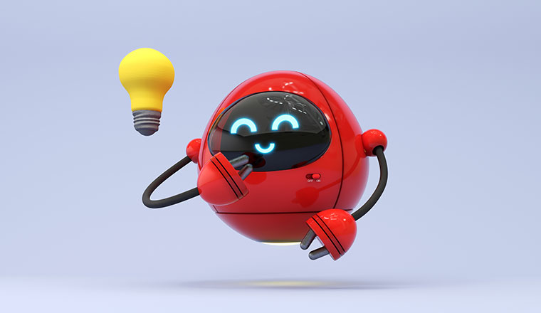 AI in customer support concept with small red robot and lightbulb