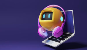 AI in customer service concept with a robot in headphones coming out of a laptop