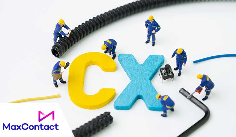 CX, Customer Experience concept, miniature figure worker building alphabet CX at the center