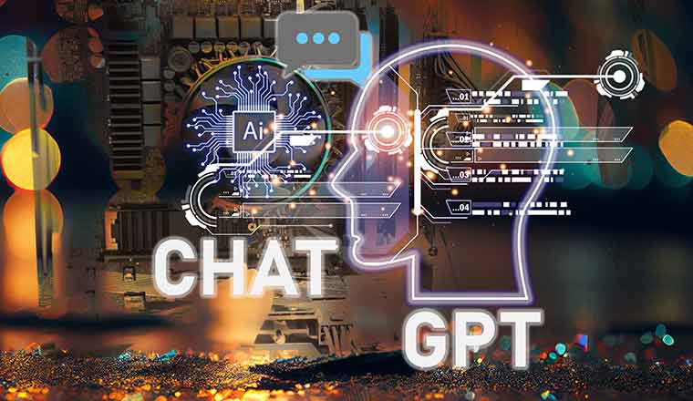 ChatGPT concept with ai and human head silhouette and the words chat gpt