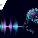 Conversational AI concept with head silhouette and sound waves