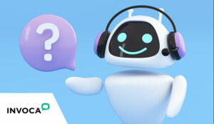 Artificial intelligence robot holding question mark in speech bubble.