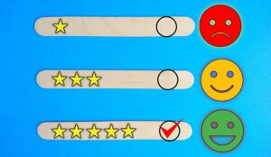 Improve CX concept with rating stars and faces with five stars being checked