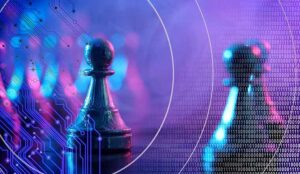 IT strategy concept with chess pieces and binary code