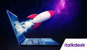 Close up of rocket flying out from a laptop screen