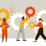 Concept of work operations and teamwork productivity in illustration of characters assembling cogwheels together at work